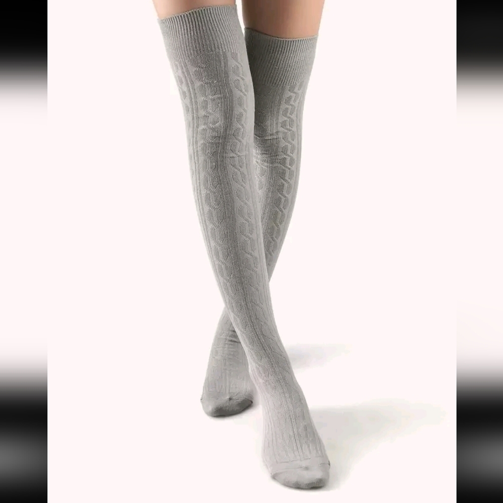 NWT, Knit Gray Thigh High Socks, One Size